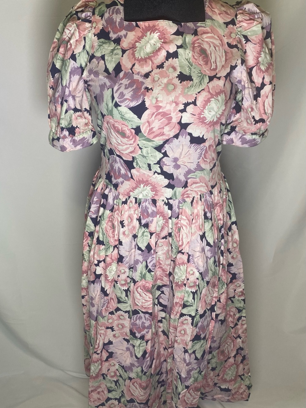 Laura Ashley Pink and Lavender Floral Puff-Sleeve Midi Dress